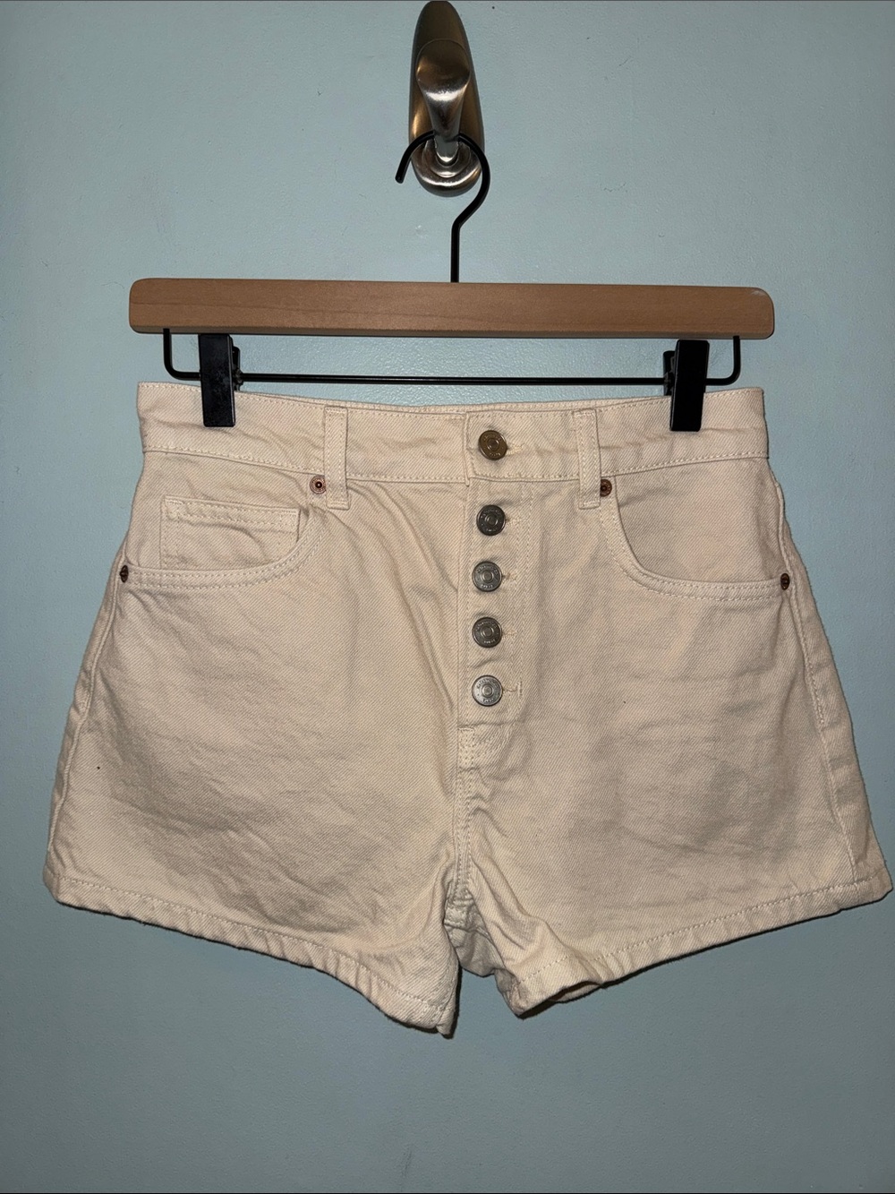 Reformation Cream High-Waist Button-Front Denim Shorts
